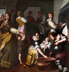 Neitsyen elämä: "" Marian syntymä"" Daniele Crespin (1598-1630) maalaus 1600-luvun Museo della Basilica di Santa Maria Assunta, Gallarate, Italia