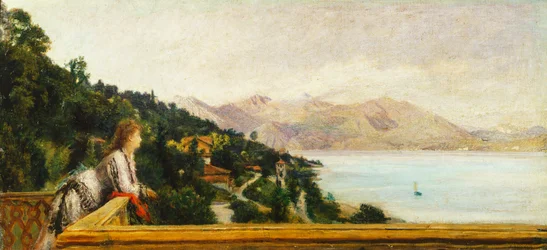 ダニエレ・ランツォーニ（1843-1889）によるアダ・トルベツコイの別荘からのマッジョーレ湖の眺め、キャンバスに油彩、49x105 cm