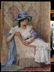 ウーマン イン ホワイト (Lady in white)。 ダニル・カルポヴィッチ・クライネフ (1872-1949) による絵画、キャンバスに油彩、ロシアの現代美術、19 世紀後半から 20 世紀初頭。 地域の W. Wereshchagin Art Museum、ミコラーイウ (ウクライナ)。