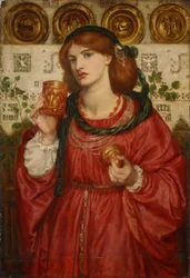 愛の杯 - ダンテ・ガブリエル・ロセッティ (1828-1882) の絵画、木に油彩