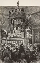 イタリア国王ヴィクトル・エマニュエル2世（1820-1878）の葬儀に参列するイタリアの政治家と将校たち（イタリア、ローマ、ダンテ・パオロッチのデッサンによるエングレーヴィング、『L