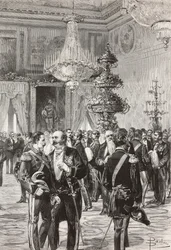大晦日を祝うイタリアの政治家と将校たち（イタリア、ローマ、クィリナル宮殿にて）ダンテ・パオロッチのデッサンからセンテナーリによるエングレーヴィング。