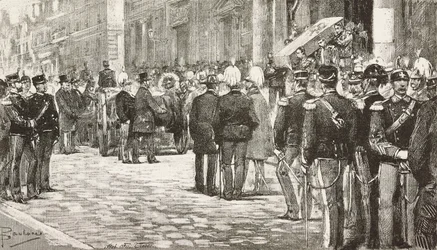 イタリアの政治家であり将校であったルイジ・メッツァカポ（1814-1885）の葬列に参列する政治家と将校たち（イタリア、ローマ）、ダンテ・パオロッチのデッサンによるエングレーヴィング（L