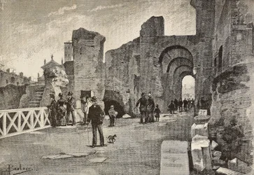 イタリア、ローマ、チェザーリ宮殿の公共歩道（Summa Nova Via）、ダンテ・パオロッチのデッサンによるエングレーヴィング、L