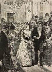 ローマ芸術クラブ（チルコロ・アルティスティコ）のパーティに出席したサヴォイ家のマルゲリータ王妃、彫刻家ジュリオ・モンテヴェルデを伴って、イタリア、ダンテ・パオロッチのデッサンによるエングレーヴィング、『イタリア年鑑』第XX年第3号、1月15日より