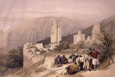 ペトラの凱旋門の残骸、1839年3月8日、プレート100、Louis Haghe（1806-85）が彫刻した「The Holy Land」の第3巻より。1849年（リトグラフ）。