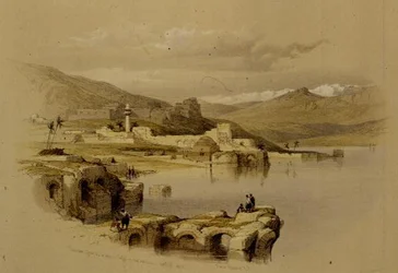 城壁からのティベリア、遠くにサフェット、1839年4月22日、プレート37、「The Holy Land」第1巻より、Louis Haghe (1806-85)のエングレーヴィングにより出版。1842年（リトグラフ）。