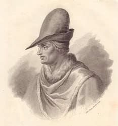 イタリアの軍事指導者ウグッチョーネ・デッラ・ファッジョーラ（1250-1319）の肖像、カテリーナ・ピオッティ＝ピローラによる銅版画