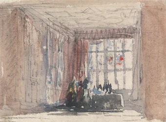 Uma sala Tudor com figuras, possivelmente Hardwick Hall ou Haddon Hall