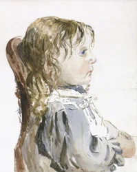 おそらく1840年代後半のピナフォアの小さな女の子の研究（水彩と紙に黒いチョーク）
