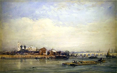 バタシー海岸からのウェストミンスターとテムズ川（水彩・紙）