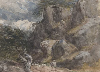 岩の多い風景で羊を運転する、カリフォルニア州。 1846年。