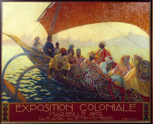 植民地主義：マルセイユで開催された植民地時代の国内展示会のポスター。David Dellepiane（1866-1932）によるポスター。1906年 マルセイユ、海洋博物館 - 植民地主義：ダヴィド・デルレピアーヌ(1866-1932)によるマルセイユの植民地国家展のポスター。1906.