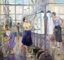 Le plan quinquennal - Sevkabel Factory par Zagoskin、David Efimovich (1890-1942) の女性のワークショップ。 キャンバスに油彩、サイズ：200x215