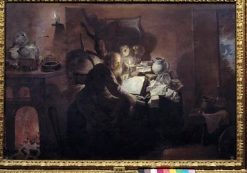 錬金術師のアトリエ。デイヴィッド・ライカールト3世（ライカールト）（1612 - 1661）の絵画 Ec.Flam.