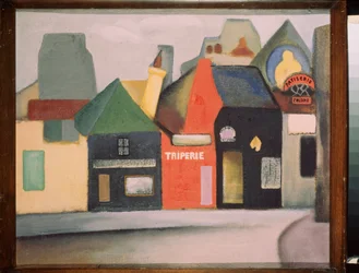 風景（トライプショップとペストリーショップがあるフランスの村の通り）。 David Petrovich Sterenberg（1881-1948）による絵画、キャンバスに油彩
