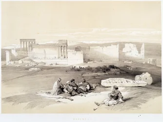 レバノンのバールベック（バールベク）、1839年5月5日に描かれた絵、「The Holy Land」、ロンドン1849年版に掲載
