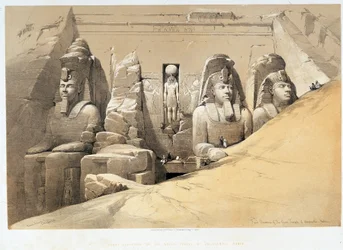 ヌビア（Nubia）のアボ・シンベル（Aboosimbel, AbuまたはAbu Simbel）の大神殿の正面図（『The Holy Land』ロンドン1849年所収