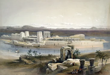 ヌビア、フィラエ島の全景」1838年11月。デイヴィッド・ロバーツ（1796-1864）の水彩画による。神殿 古代エジプト 考古学 宗教 神話 遺跡