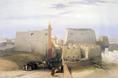 ルクソール神殿の大入口」：デビッド・ロバーツ（1796-1864）スコットランド人画家の水彩画によるリトグラフ。古代エジプト 考古学 建築