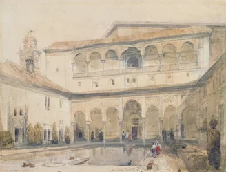 アルハンブラのマートルの宮廷（またはアルハンブラのマートルの館） 1833年 （紙に鉛筆と水彩画）
