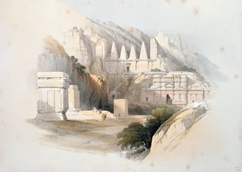 1839年の「聖地」のボリュームIIIからのネクロポリス、ペトラ、（手彩色のリソ）