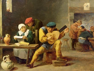 インで音楽を作る農民、1635年頃（オークの油彩）