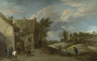 ビレッジインの外でボウルをする農民c。 1660