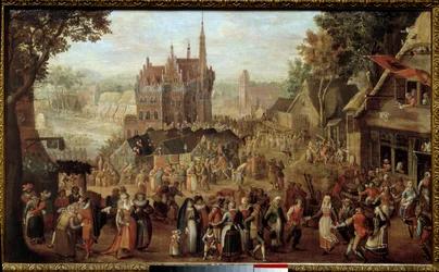 Audenarde（ベルギー）のKermesse。村の教会の前でのパーティー。ダヴィッド・ヴィンクブーン（またはヴィンクブーン、ヴィンクブーン1576-1629）の絵