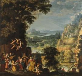 エジプトへの飛行のある風景、c.1610-40（オークの油彩）