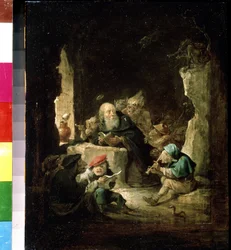 聖アントニウスの誘惑. David Teniers the Young（1610-1690）による絵画。 木に油彩、24.6 x 20.3 cm、1640 年頃。フランダース美術、バロック美術。 プーシキン美術館、モスクワ。