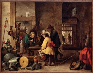 見張り小屋、遊ぶ兵士、賭け事をする兵士 絵画：David Teniers the Young (1610-1690)