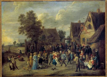 貴族のカップルがいる村のパーティー ダヴィッド・テニアス2世（1610-1690）の絵画 日0,8x1,09 m.