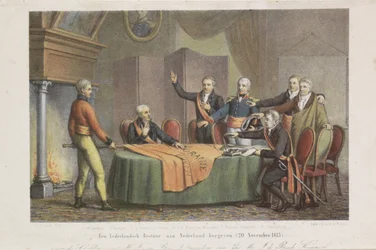 1813 年 11 月 21 日、オラニエ公の名において、三頭政治家による最高政府の受諾 オランダ政府をオランダに返還。 (1813 年 11 月 20 日) (オブジェクトのタイトル)