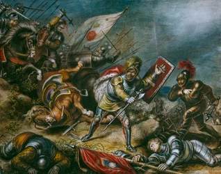 リチャード3世がボズワース野原で徒歩で戦う姿を描いた絵画。芸術作品。