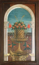 果物のバスケット」ディフェンテ・フェラーリ（1480または1485-1540）が16世紀の聖歌隊席の後部に描いた絵、ビエラの聖ジェローム教会。イタリア