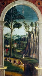 ディフェンテ・フェラーリ（1480または1485-1540）が描いたパースペクティブ（16世紀の聖歌隊席の後部に描かれたもの）、イタリア、ビエラの聖ジェローム教会