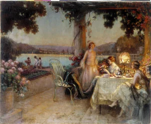 夜はテラスで。 Delphin Enjolras（1857-1945）による絵画、必須の言及：コレクション財団はプロヴァンスを尊重しています。 マルセイユ (cm 57x73) DR