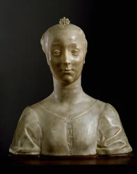 若い貴婦人の胸像。デジデリオ・ダ・セッティニャーノ（約1430-1464年）による大理石彫刻。寸法：146センチメートル。フィレンツェ、バルジェッロ国立美術館
