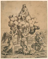 大天使ミカエル、ガブリエル、ラファエルがマドンナと子供を崇拝