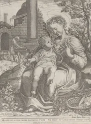 エジプトの聖家族、背景に大工としてのジョセフを...、[1577]、1774 年に再発行。