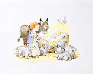 飼い葉桶の周りのロバと子羊