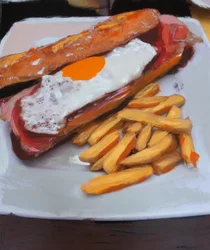 Bocata con huevo y patatas fritas, 2018（プリント写真にアクリル絵の具）