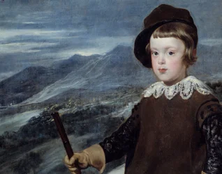 フィリップ4世の息子であるスペインのバルタサル・カルロス王子（1629-1646）の狩猟服姿の肖像 詳細ディエゴ・ベラスケス（1599-1660）による絵画 1635年 日1,91x1,03 m マドリード、プラド美術館