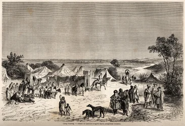ランスロットが描いたトゥアレグ族のキャンプ、1849年から1855年にかけてのアンリ・バース博士のアフリカ中央部への旅を説明するために描いたもの。パリの "Le tour du monde, nouveau journal des voyages "に掲載された版画。