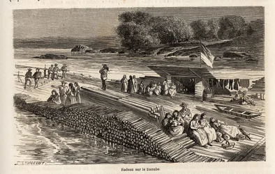 ドナウ川に浮かぶ木製のいかだ。1860年にパリからブカレストへ向かうヴィクトル・デュルイの旅を説明するために、ランスロットが描いたもの。エドゥアール・シャルトン編『Le tour du monde』に掲載された図版