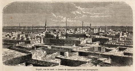 ランスロットが描いたトリポリの全景。1860年にクラフト男爵が行ったトリポリ散策を説明するために描いたもの。1861年の "Le tour du monde "に掲載されたエングレーヴィング。セルバのコレクション。