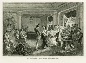サンタ・クルス・デ・ナノのパーティー。アルフレッド・マルシェ（1844-1898）の「Lucon and Palaouan, six years in the Philippines」という物語を説明するためにランスロットが描いたエングレーヴィングで、エドゥアール・シャルトン（1807-1890）監督の「le tour du monde 1886」に収録されている。