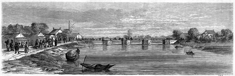1860年、中国・上海近郊の蘇州河に架かる橋の風景。エドゥアール・シャルトン編『Le Tour du Monde, Nouveau journal des Voyages』（パリ）に掲載されたランスロットの版画。