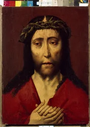 Ecce Homo (ここに男がいます)。 Dirck (Dieric, Dirk) Bouts le Vieux (the Elder) (1410-1475) による絵画、木に油彩。 15世紀のフランダースのプリミティブアート。 エルミタージュ国立美術館、サンクトペテルブルク